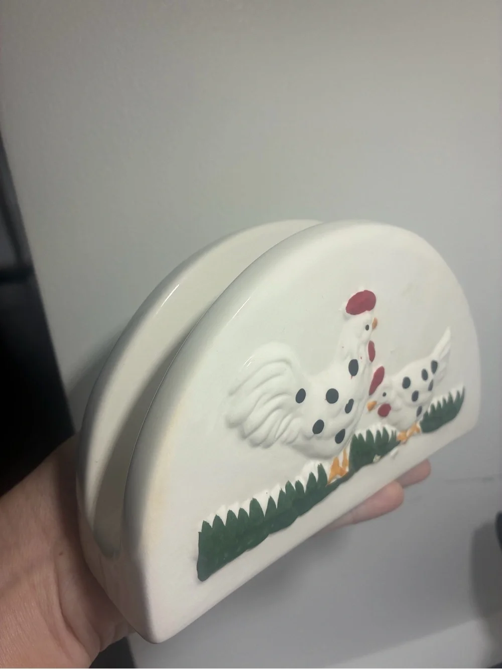 White Ceramic Napkin Holder with Rooster Design Cottage Core Kitchen Decor